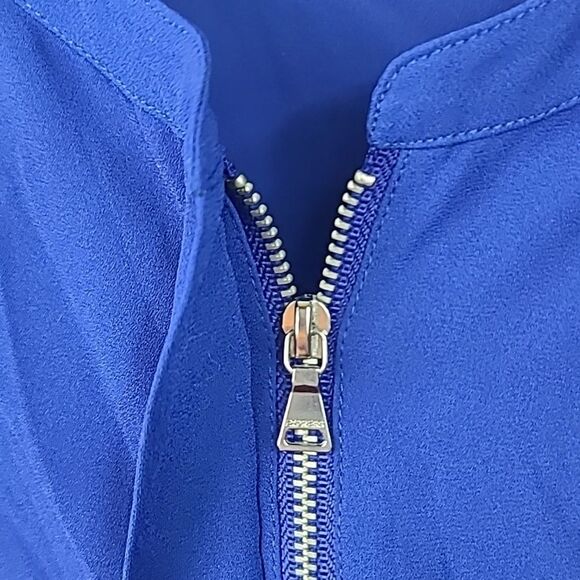 EXPRESS Zip Front Royal Blue Silky Top Chiffon Popover Dressy Blouse 3/4 Sleeves - Picture 3 of 10